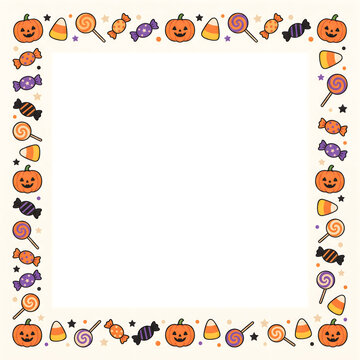 Square halloween frame with pumpkins lollipops candy corn and treats for kids party invitations.