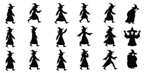 Fototapeta premium Collection of black witch silhouettes in various poses isolated on a white background