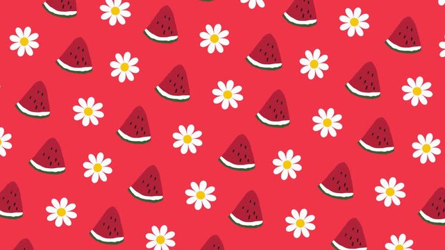 Seamless animated pattern of watermelon slices and daisies on red background