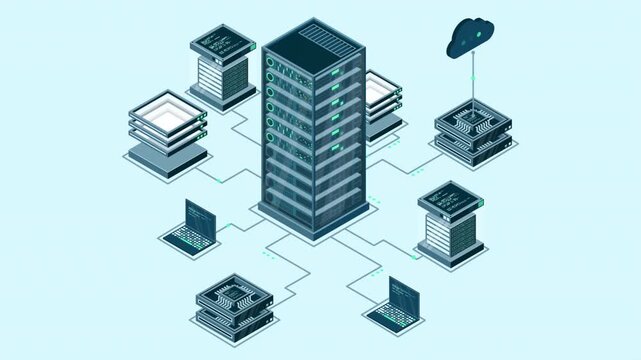 Isometric 3D animation of central data server connected to laptops and cloud storage in digital network