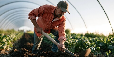 Fototapeta premium Gardener kneeling in a hoop house greenhouse using a hoe to cultivate soil for leafy crops for farm poster and banner design