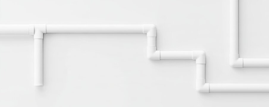 White pvc pipes running along blank interior wall background