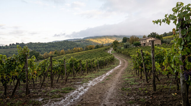 Winding gravel path through a quiet hillside vineyard