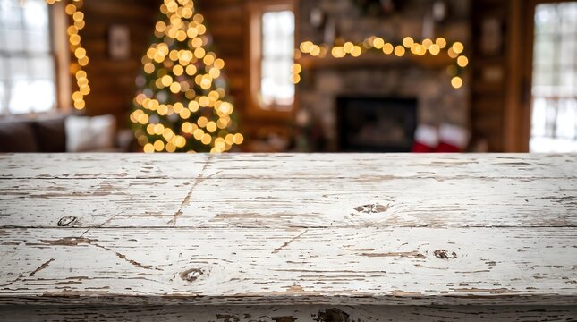 Empty rustic white wooden table surface with a blurred cozy christmas living room background for product display