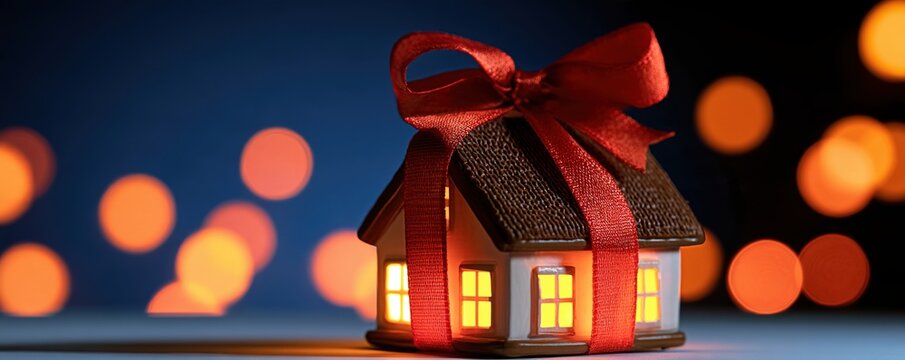 Miniature house wrapped with ribbon on festive background
