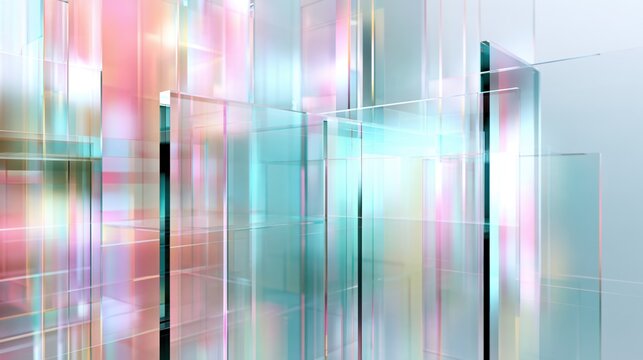 Translucent glass panels reflecting pastel light in abstract space