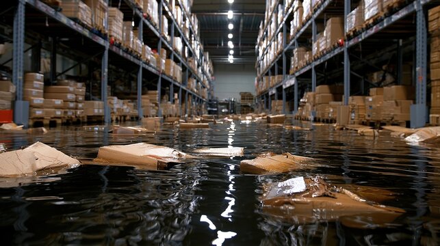 Warehouse flooded with water and floating cardboard packages