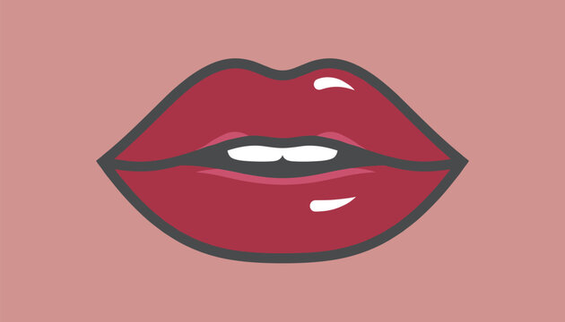 A pair of vibrant, glossy red lips with subtle white highlights, creating a bold and sensual facial expression on a muted pink background.