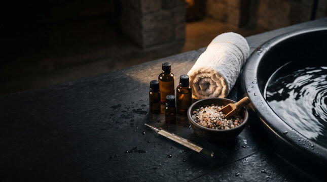 Relaxing spa arrangement still life for hydrotherapy wellness treatment beside bath basin on dark stone surface