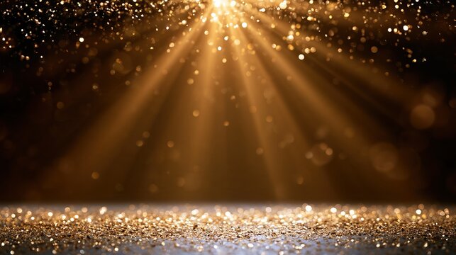 Golden light rays illuminating glittering surface on dark background