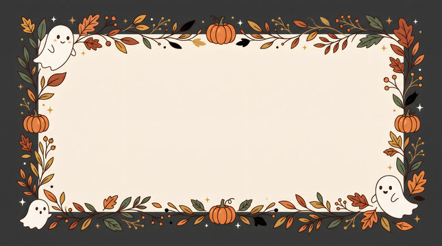 Halloween foliage border frame with cute ghosts and pumpkins on dark background for autumn seasonal greeting cards.