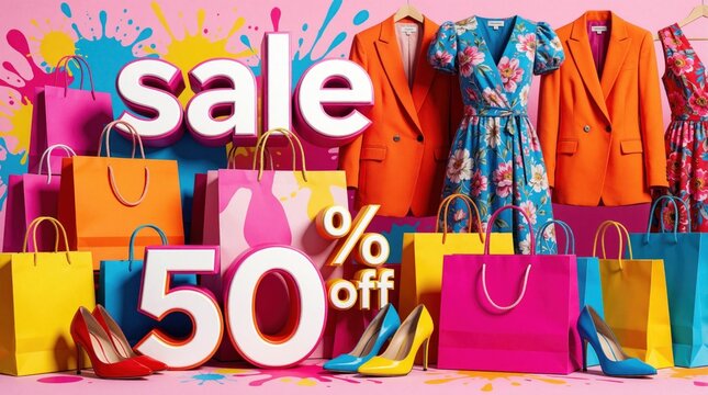 Vibrant fashion sale concept with colorful shopping bags, stylish clothes. Bright orange blazers, floral dress, trendy high heels surround big white sale text. Big 50 percent off sign shows massive