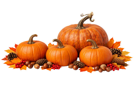 Autumn pumpkin arrangement isolated PNG, orange gourds with maple leaves pinecones and acorns on transparent background, thanksgiving decor