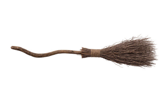 Witch broom horizontal isolated PNG, magic wooden broomstick resting on transparent background, halloween flying accessory