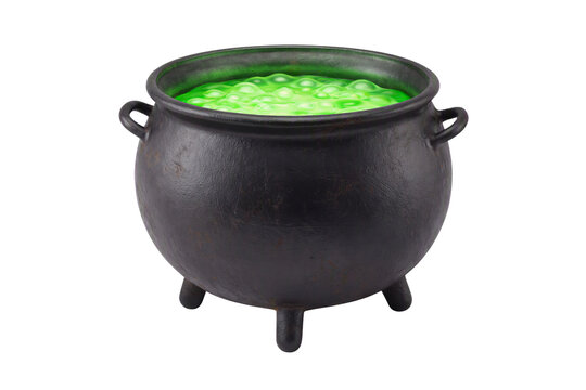 Black witch cauldron isolated PNG, cast iron pot boiling green magic potion with bubbles on transparent background, halloween props