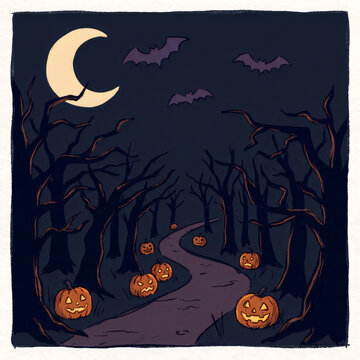 Dark cartoon forest landscape at night with glowing jack o lanterns along winding path under crescent moon.