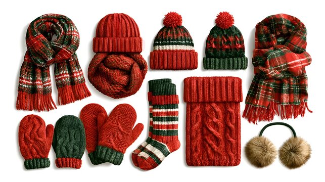 Cozy winter clothing essentials including red and green knitted scarves, hats, and mittens