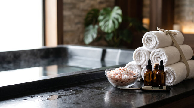Relaxing hydrotherapy spa towels and bath salts prepared by a hot tub in a luxury indoor resort setting, side view photo.