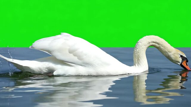 White swan swimming gracefully on a chroma key green screen background with realistic movement and reflections