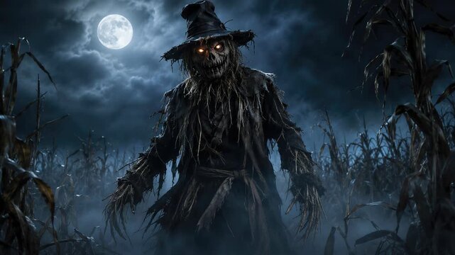 Halloween scarecrow looming in a cornfield beneath a full moon. Haunted harvest and spooky seasonal horror. Autumn folklore and supernatural fantasy. Eerie Halloween night.