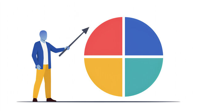 Man in blue blazer pointing at a four segment pie chart on a white background