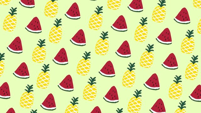 Seamless animated pattern of pineapples and watermelon slices