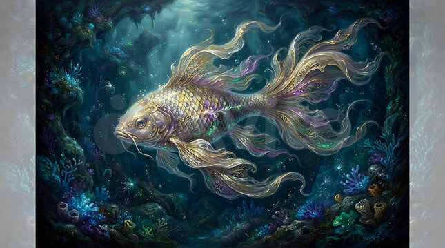 Magical fantasy illustration of a glowing golden fish with ornate flowing tail fins swimming deep underwater among glowing coral reefs and sea anemones.