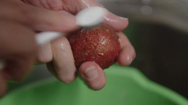 Close-up, female hands with a brush carefully wash potatoes in the kitchen sink