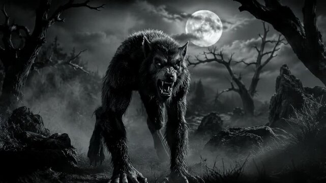 Werewolf snarling and advancing through a misty forest beneath a full moon. Halloween horror. Supernatural creature and monster concept. Gothic night landscape. Dark fantasy illustration.