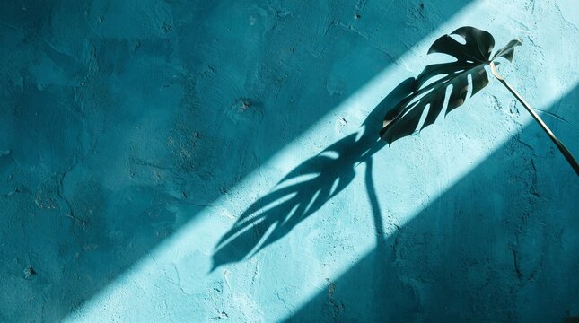 Turquoise plaster wall background with a monstera leaf casting a sharp diagonal shadow across it