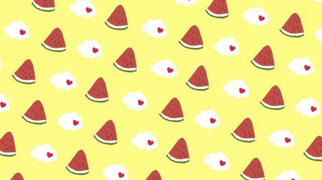 Animated pattern of watermelon slices and hearts on yellow background