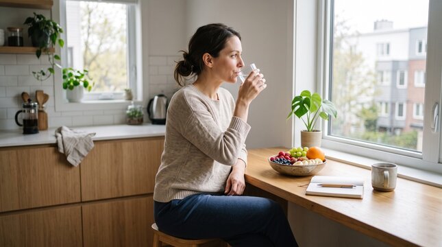 Relaxing woman drinking water by a bright kitchen window