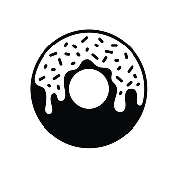Black and white vector silhouette of a donut with icing and sprinkles.