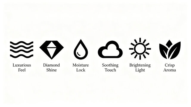 Minimalist line skincare selling point vector icon, representing luxurious touch, water locking and moisturizing, brightening fragrance, suitable for cosmetics packaging and advertising graphics.
