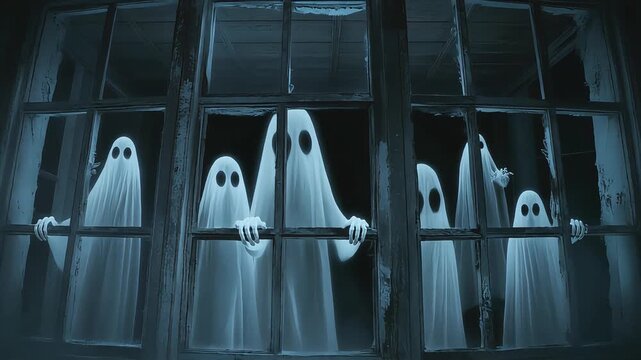 Spooky glowing white ghosts looking out from dark windows of an old haunted house video clip