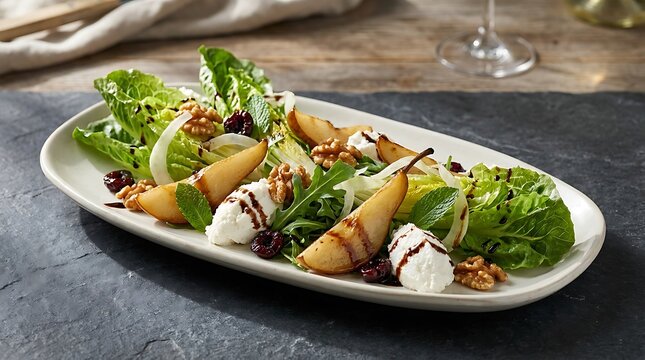 Fresh gourmet pear salad with goat cheese and walnuts on rustic plate