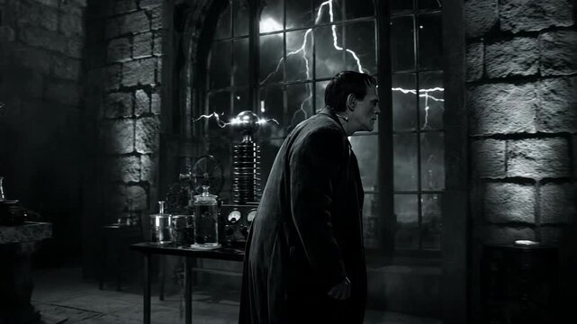 Frankensteins monster leans toward an electrical apparatus in a Gothic laboratory as lightning flashes outside. Halloween horror. Classic monster concept. Vintage horror aesthetic.