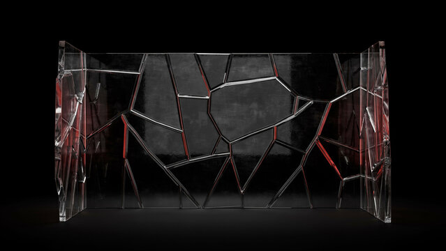 Shattered glass panel with sharp shards and red light reflection on a dark black background surface