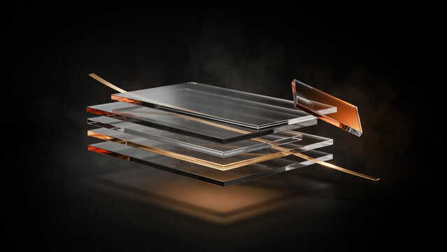 Stacked transparent glass sheets with glowing orange light and floating fragments on black background