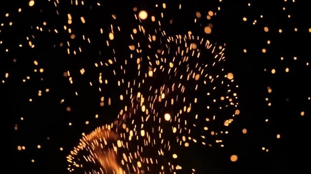 Dense swarm of embers rising across the frame on black