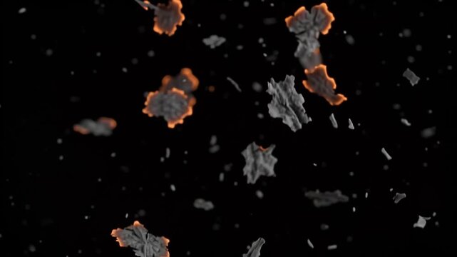 Ash flakes with glowing edges falling on black