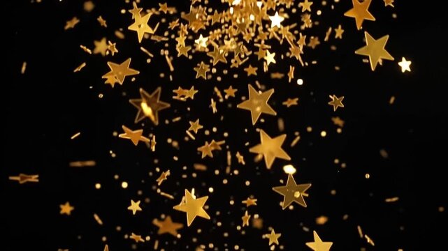 Gold glitter and star sequins drifting down on black