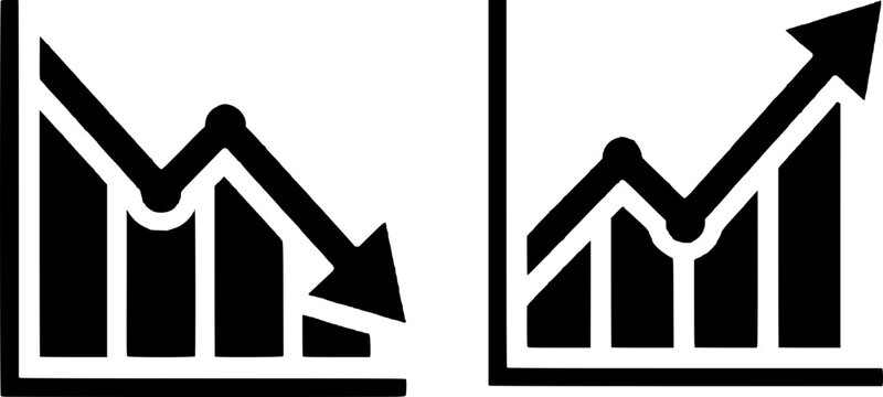 Stock market graph vector icons depicting financial growth with upward rising arrow and economic recession decline with downward falling arrow for trading analysis concepts