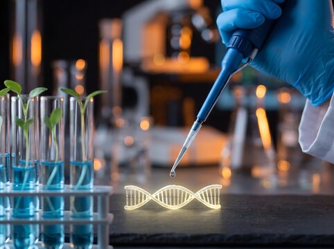 Scientist adding liquid to test tubes with glowing dna helix in laboratory