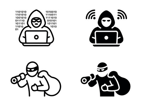 Hacker and thief icons set in line and solid vector format with security
