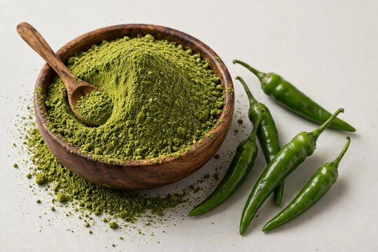 Wooden bowl with fresh green chili powder, wooden spoon, glossy green chilies beside, white background, fresh unique look