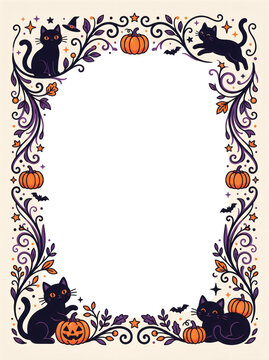 Halloween decorative frame border with black cats and orange pumpkins for festive greeting cards and party invitations.