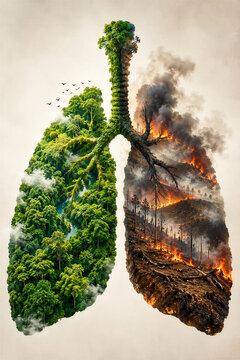 Lungs made of forest contrasting with fire and smoke damage  