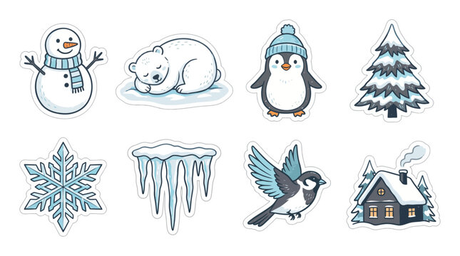 Cute winter elements and snowy holiday icons stickers set vector