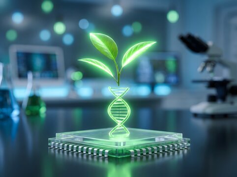 Glowing sprout growing from a dna helix in a futuristic science laboratory setting